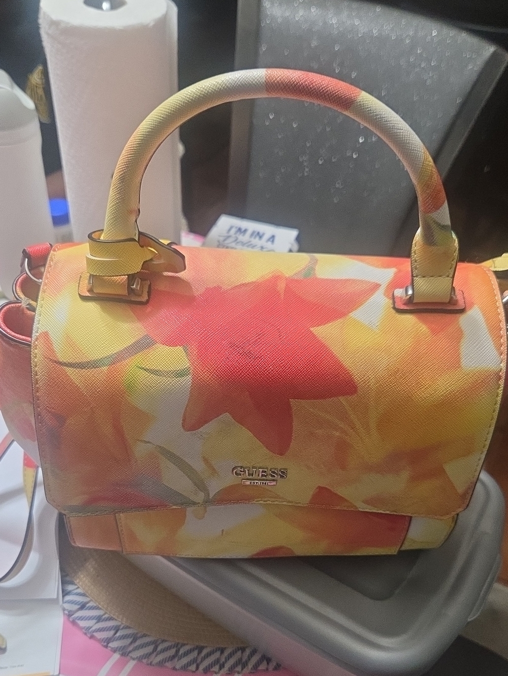 GUESS Yellow-Orange Floral Top-Handle Satchel